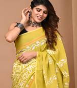 Mustard hand block printed with natural dye cotton silk saree with blouse piece
