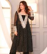 Black colour with real mirror and embrodiery work chinon with digital printed  for women