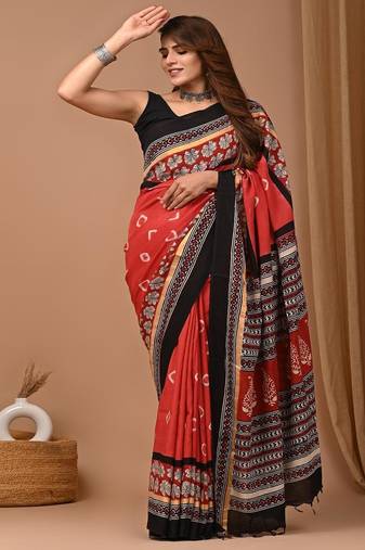 Rust hand block printed with natural dye cotton silk saree with blouse piece