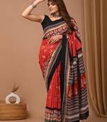 Rust hand block printed with natural dye cotton silk saree with blouse piece