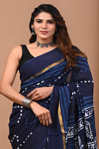 Navy blue hand block printed with natural dye cotton silk saree with blouse piece