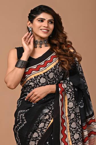 Black hand block printed with natural dye cotton silk saree with blouse piece