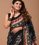 Black hand block printed with natural dye cotton silk saree with blouse piece