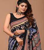 Blue hand block printed with natural dye cotton silk saree with blouse piece