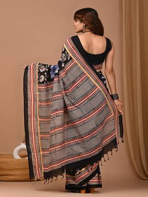 Blue hand block printed with natural dye cotton silk saree with blouse piece 2
