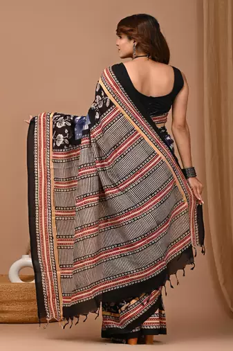 Blue hand block printed with natural dye cotton silk saree with blouse piece