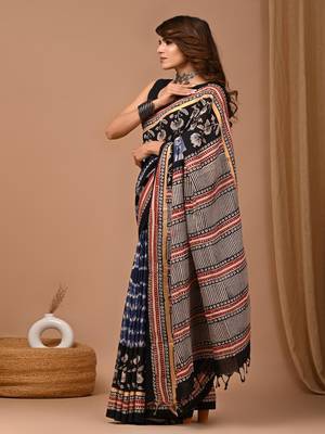 Blue hand block printed with natural dye cotton silk saree with blouse piece 3