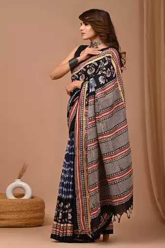 Blue hand block printed with natural dye cotton silk saree with blouse piece