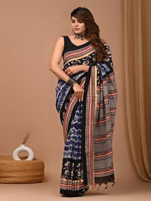 Blue hand block printed with natural dye cotton silk saree with blouse piece 4