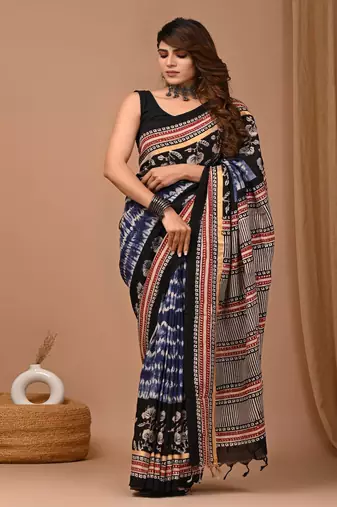 Blue hand block printed with natural dye cotton silk saree with blouse piece