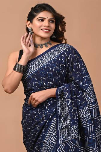 Navy hand block printed with natural dye cotton silk saree with blouse piece