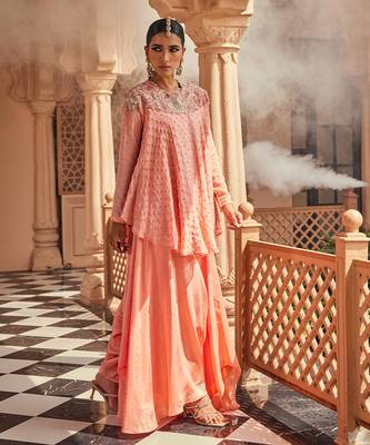 Peach embroidered chiffon silk kurta with pant 1