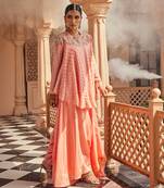 Peach embroidered chiffon silk kurta with pant