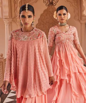 Peach embroidered chiffon silk kurta with pant 2