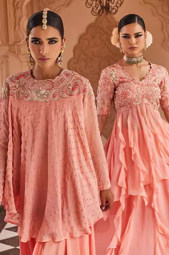 Peach embroidered chiffon silk kurta with pant