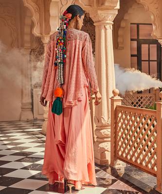 Peach embroidered chiffon silk kurta with pant 3