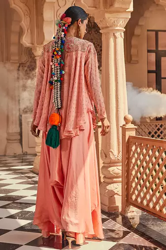 Peach embroidered chiffon silk kurta with pant