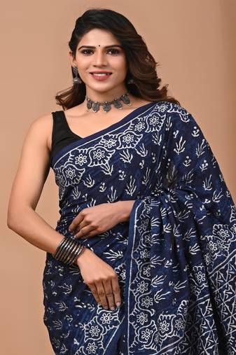 Navy hand block printed with natural dye cotton silk saree with blouse piece