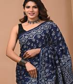 Navy hand block printed with natural dye cotton silk saree with blouse piece