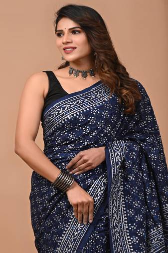 Navy hand block printed with natural dye cotton silk saree with blouse piece