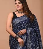 Navy hand block printed with natural dye cotton silk saree with blouse piece
