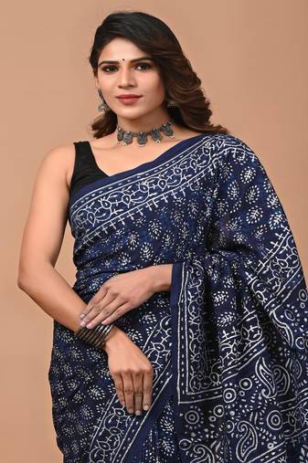 Navy hand block printed with natural dye cotton silk saree with blouse piece
