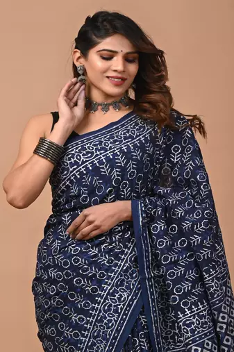 Navy hand block printed with natural dye cotton silk saree with blouse piece
