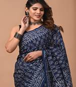 Navy hand block printed with natural dye cotton silk saree with blouse piece