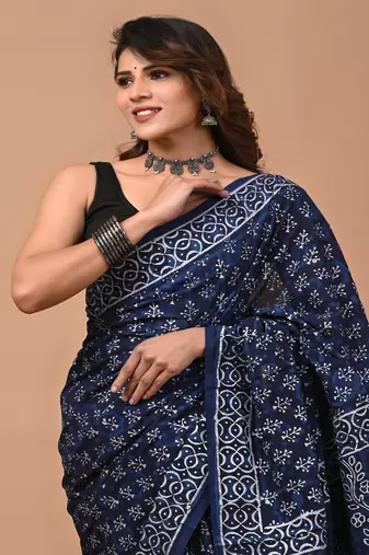 Navy hand block printed with natural dye cotton silk saree with blouse piece