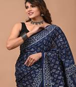 Navy hand block printed with natural dye cotton silk saree with blouse piece