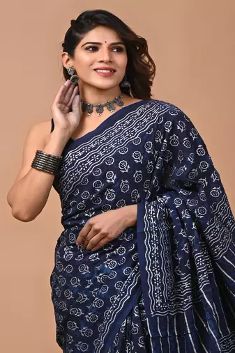 Navy hand block printed with natural dye cotton silk saree with blouse piece
