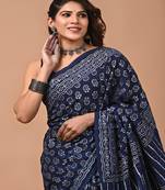 Navy hand block printed with natural dye cotton silk saree with blouse piece