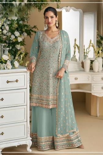 Seagreen heavy faux georgette with viscose thread work semi-stitched suit