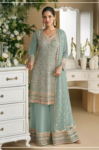 Seagreen heavy faux georgette with viscose thread work semi-stitched suit