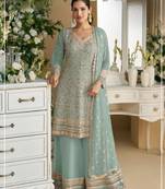 Seagreen heavy faux georgette with viscose thread work semi-stitched suit