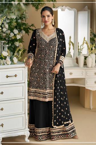 Black heavy faux georgette with viscose thread work semi-stitched suit
