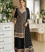 Black heavy faux georgette with viscose thread work semi-stitched suit