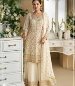 White heavy faux georgette with viscose thread work semi-stitched suit