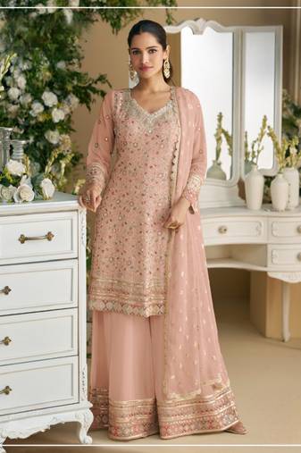 Peach heavy faux georgette with viscose thread work semi-stitched suit