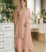 Peach heavy faux georgette with viscose thread work semi-stitched suit