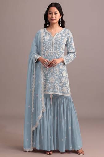 Skyblue heavy faux georgette with viscose thread work semi-stitched suit