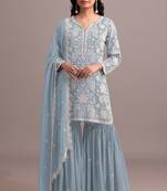 Skyblue heavy faux georgette with viscose thread work semi-stitched suit