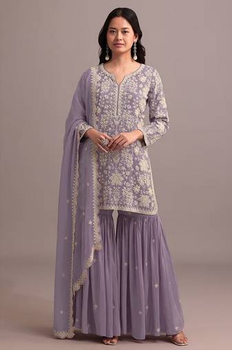 Lavender heavy faux georgette with viscose thread work semi-stitched suit