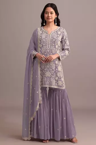 Lavender heavy faux georgette with viscose thread work semi-stitched suit