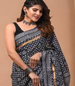 Gerey hand block printed with natural dye cotton silk saree with blouse piece