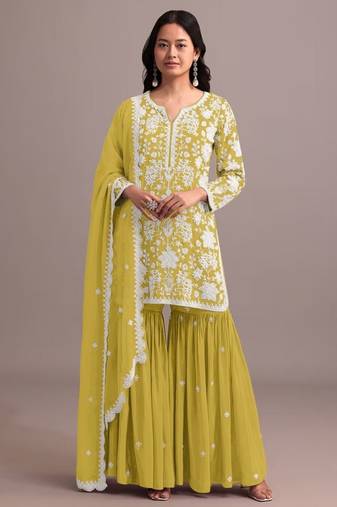 Yellow heavy faux georgette with viscose thread work semi-stitched suit