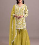 Yellow heavy faux georgette with viscose thread work semi-stitched suit