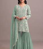 Seagreen heavy faux georgette with viscose thread work semi-stitched suit