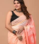 Peach hand block printed with natural dye cotton silk saree with blouse piece