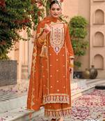Orange pure airtex chinon with embroidered cording sequence work semi-stitched suit
